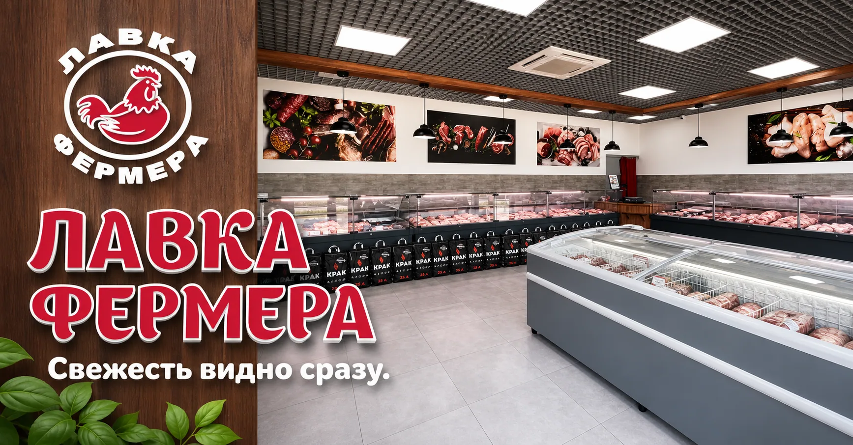 Интерьер магазина Лавка Фермера с фирменной вывеской